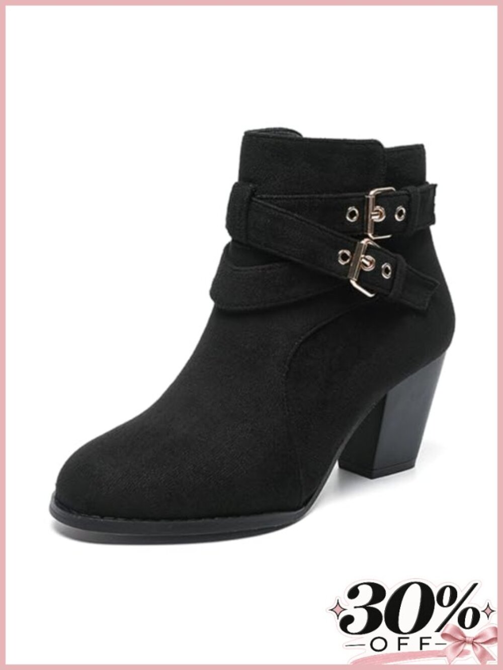 Chunky Heel Suede Ankle Boots Adjustable Double Buckle Round Toe Side Zip
